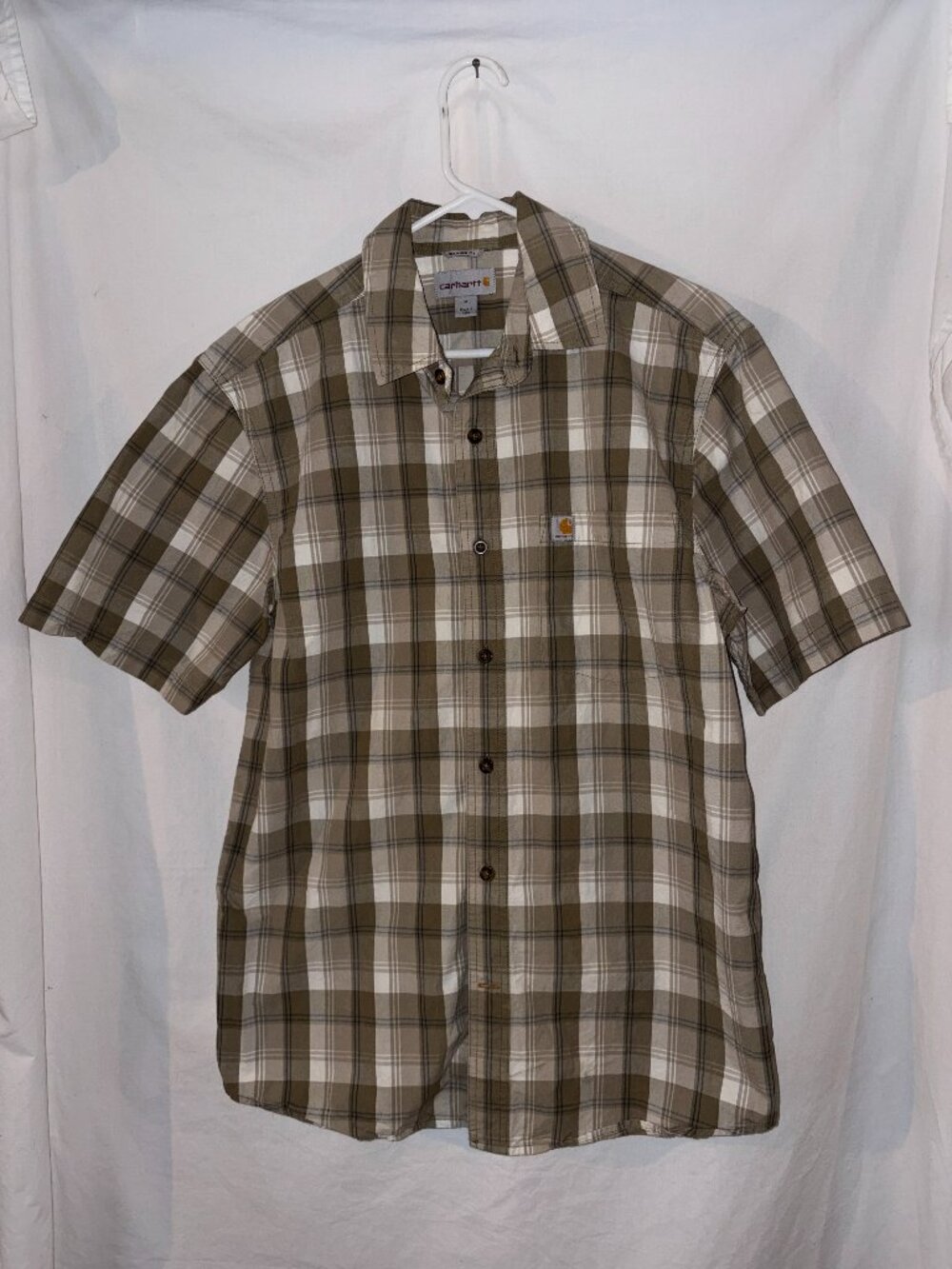Carhartt Men's Relaxed Fit Short Sleeve Button Up Shirt Brown Striped Sz Medium